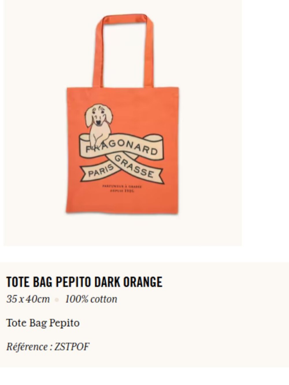 Fragonard Cotton Tote - Orange - Brand New 35 x 40 cm